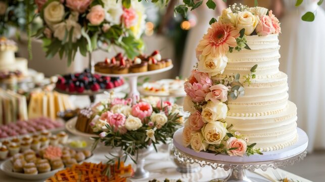 White wedding cake decorated by flowers standing on festive table with lots of snacks on side. Wedding Recetion