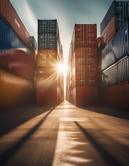 sunlight coming through cargo containers in a commercial harbour
