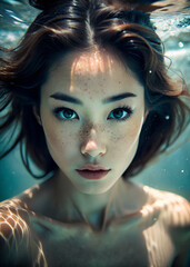 close-up beautiful asian young woman's face, under water. ai generative