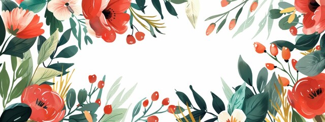 Obraz premium Minimalist leaves and flowers forming a circular frame with a blank space in the center.