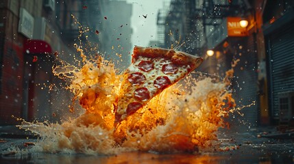 a slice of pizza being splashed by water. AI generate illustration