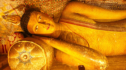 Close up of Sleeping Buddha, Cave Temple, Dambulla, Sri Lanka. UNESCO world heritage site