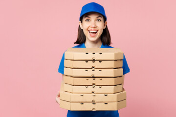 Shocked delivery girl employee woman wear blue cap t-shirt uniform workwear work as dealer courier...