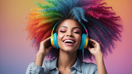 World music day with headset headphones, Music day event and colorful background. Generative Ai.