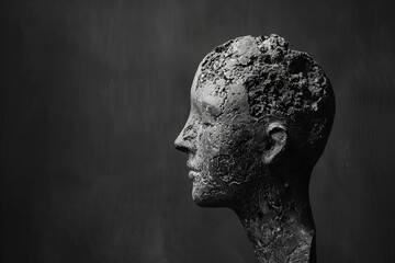 Man's Face Sculpture Statue, Head Destruction Art, Mental, Depressed Mind State