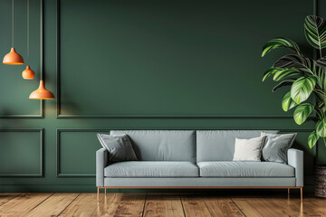 Modern living room with gray sofa against dark green wall and orange pendant lamps