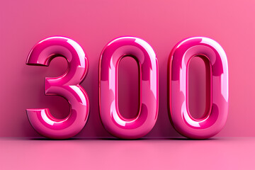 The number "300" in pink glossy style, with threedimensional letters, on a solid color background