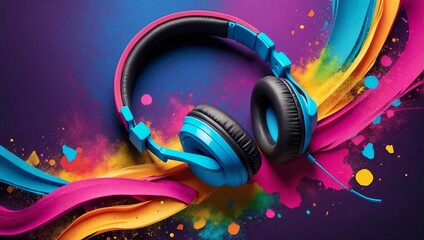 World music day with headset headphones, Music day event and colorful background. Generative Ai.