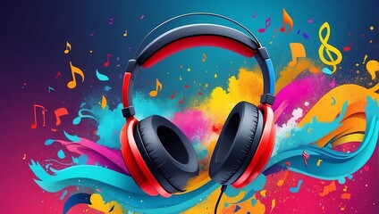 World music day with headset headphones, Music day event and colorful background. Generative Ai.