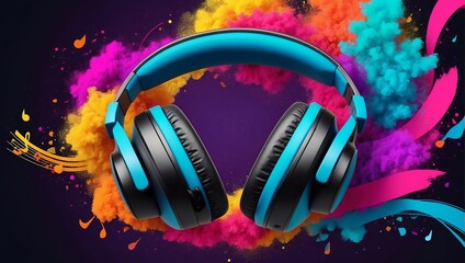 World music day with headset headphones, Music day event and colorful background. Generative Ai.