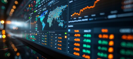 Global financial data and analytics display screen.