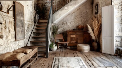 Boho interior design of modern entrance hall with wooden staircase and rustic decor pieces. Created with generative AI