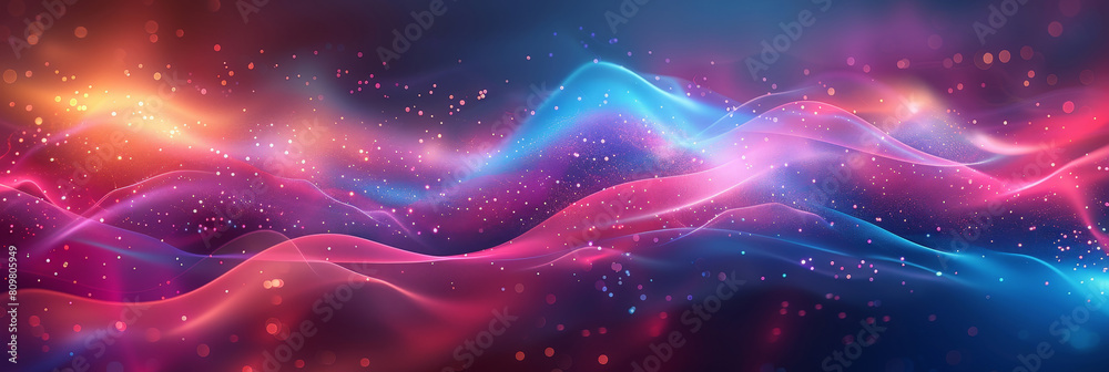 Wall mural Abstract colorful neon light wavy background,3d abstract dots representing digital binary data. Concept for big data, deep machine learning, artificial intelligence, business technology background.