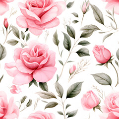 seamless watercolor arrangements with beautiful pink rose flower. Botanical illustration colorful style.