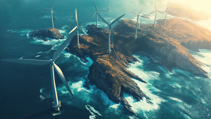 Coastal wind turbines generate clean renewable energy, Stunning ocean landscape and sustainable coastal environment