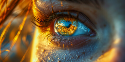 Close-up of a human eye with reflections and vibrant lighting
