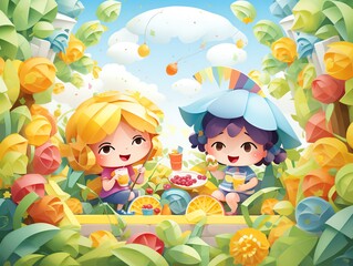 Two children having a picnic in a garden full of flowers and fruit. The children are sitting on a blanket, eating fruit and drinking juice