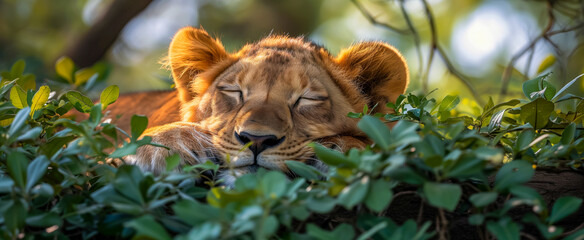 Sleeping lion cub surrounded by lush green foliage