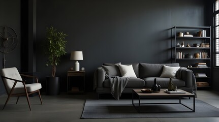 Dark industrial living room with grey couch and white.generative.ai