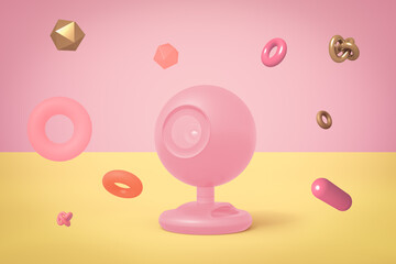 3d rendering of pink web camera and different colorful geometric objects