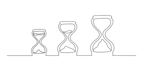 Line drawing of an hourglass with a stream of sand. Set of three vintage timers as countdown concept in simple linear style. Doodle illustration, time speed concept