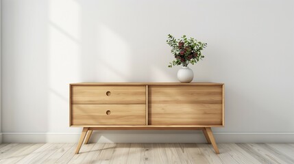 Simple wood cabinet chest of drawers, white blank wall home room interior design