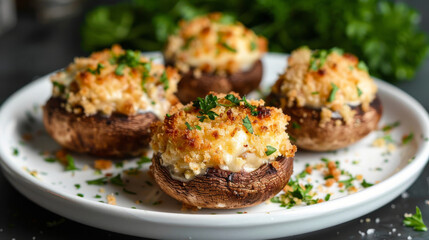 Stuffed mushrooms with a savory cheese and herb filling, topped with fresh parsley - a traditional latvian starter dish