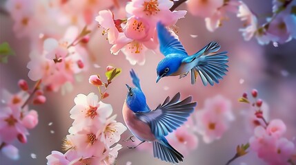 Birds fly in front of a cherry blossom, pollinating the flower
