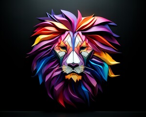 A 3D rendering of a lion's head. The lion is facing the viewer with a neutral expression. The lion's mane is made of colorful, geometric shapes.