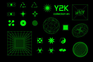 Set geometric shapes y2k, 3d green neon collection . Vector for poster, banner.