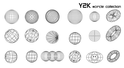 Large set linear white and black round geometric sphere frame y2k, 3d . Vector for poster, banner.