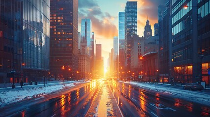 A city street at sunset. AI generate illustration