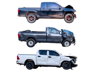 Car crash, Set of Side view pickup car get hard damaged by accident on the road. damaged cars after collision. isolated on transparent background, PNG File