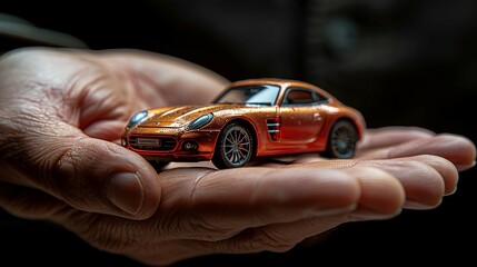 a man holding a miniature car. AI generate illustration