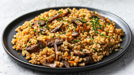 Authentic latvian dish with cooked pearl barley, wild mushrooms, and fresh herbs served on a ceramic plate, perfect for a hearty meal