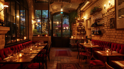 Fototapeta na wymiar A cozy Parisian bistro at night, warm candlelight, brick walls and red velvet seating