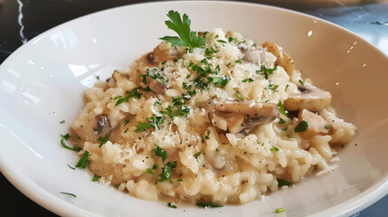 Classic latvian-style mushroom risotto with a creamy finish, topped with freshly grated cheese and parsley in a white dish