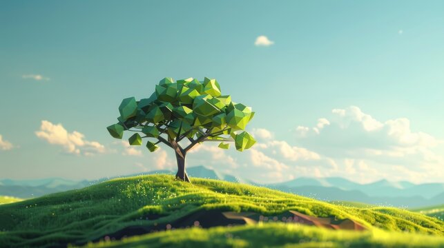 Geometric low poly tree in a meadow.