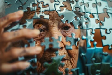 alzheimers patient struggles to solve jigsaw puzzle fragmented thoughts concept illustration - Powered by Adobe