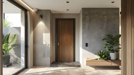 Boho style interior design of modern entrance hall with door