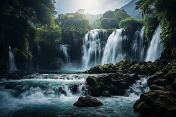 Fototapeta na wymiar Waterfall, cascading and majestic, isolated on white for natural beauty and power themes