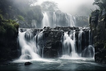 Fototapeta premium Waterfall, cascading and majestic, isolated on white for natural beauty and power themes