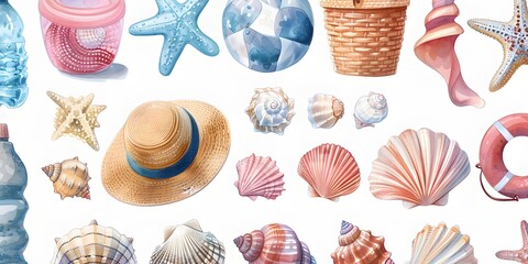 A crisp depiction of a plastic bottle and various beach accessories against a clean white background