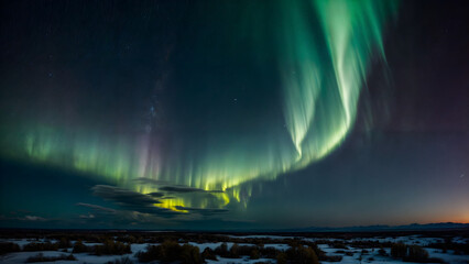Naklejka premium A beautiful green aurora is seen in the sky over a snowy field. The sky is dark blue and there are a few stars visible. The aurora is made up of many thin lines and is visible from the ground.