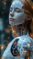 Artistic portrayal of a robot girl with red hair and glowing orange patterns against a blue background