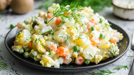 Delicious classic latvian potato salad, adorned with fresh dill, peas, carrots, and eggs, presented on a charming grey plate - obrazy, fototapety, plakaty