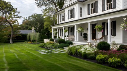 Obraz premium Beautiful Colonial Style Luxury House Home Building with Swimming Pool and Garden Background