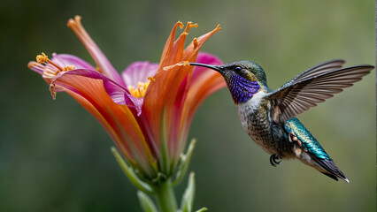 hummingbird on flower,A colorful hummingbird hovers near orange and pink flowers. - Powered by Adobe