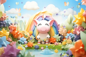 Fototapeta premium A cute cartoon unicorn pig in a magical garden