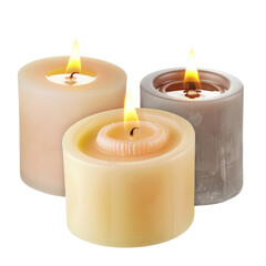 Set of three scented candles, isolated on transparent background for home decor and relaxation ads